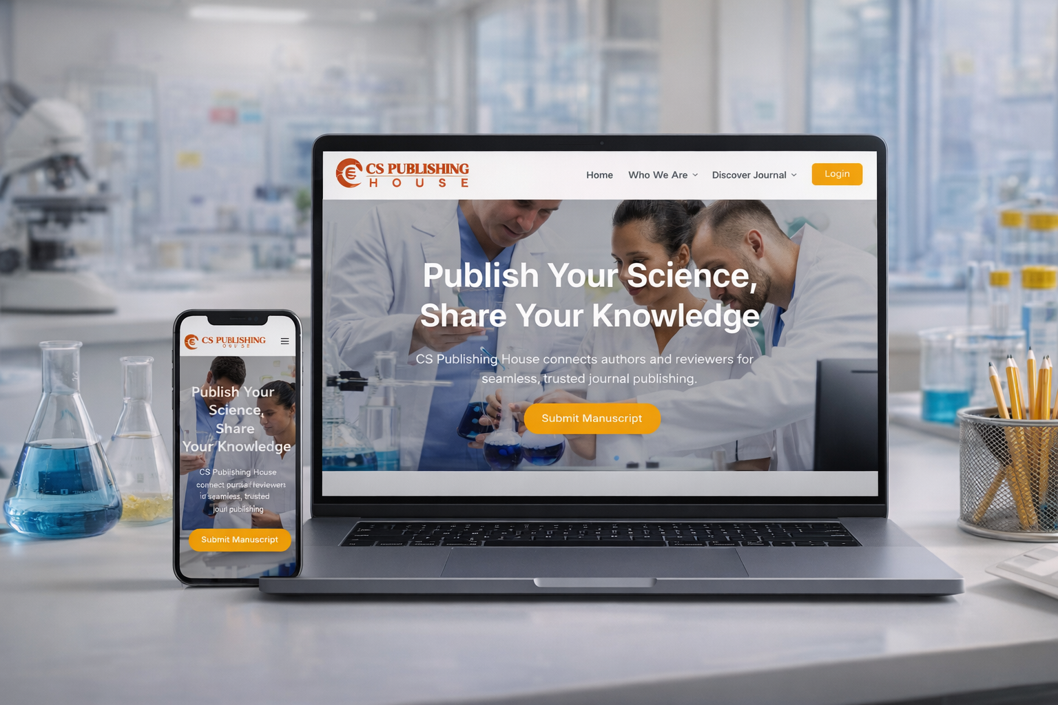 
                Responsive research journal publishing website interface of CS Publishing House shown on laptop and mobile devices                